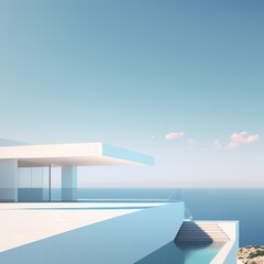 Fototapeta na wymiar Sunny, tranquil, modern luxury home showcase exterior with infinity pool and ocean view. generative AI