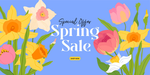 Spring Sale Header or Banner Design with tulip daffodil narcissus Flowers on blue background. Vector illustration Sale day