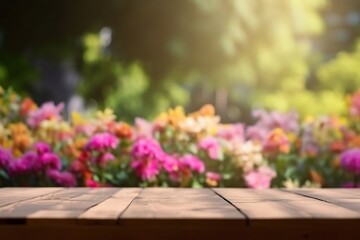 Abstract flower garden Background with Bokeh. Empty Wooden Table Top for Products with Blank Copy Space