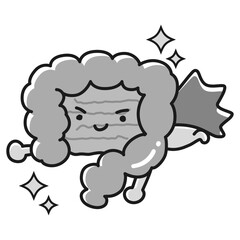 きれいで健康な腸のイラスト（大腸・小腸）ヒーローキャラクター（白黒）