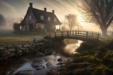 Fantasy House, building sitting in the morning mist by a river and old stone built bridge