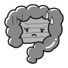 困った顔の不健康な腸のイラスト（大腸・小腸）キャラクター（白黒）