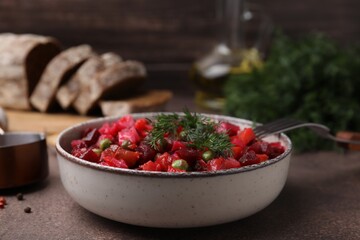 Delicious fresh vinaigrette salad on grey table, closeup