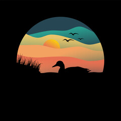 silhouette of a duck at sunset and sunrise  with birds flying in the beautiful sky