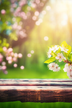 Spring background with empty wooden table. Natural template for product display with cherry blossoms bokeh and sunlight. generative ai. Empty wooden table in spring blooming cherry orchard