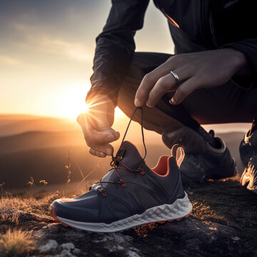 Man tying a running shoe, sunset in background, generative AI