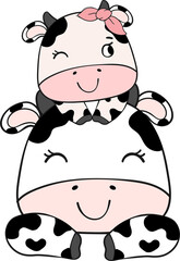 Cute happy smile mother cow and baby cow hugging children cartoon character doodle hand drawing 