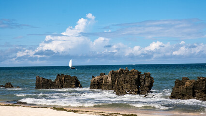 Traditional dhow sailing boat off a rocky coastline