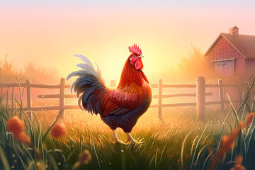 Illustration of a proud rooster crowing at sunrise against the background of a fence and sunrise. Generative ai