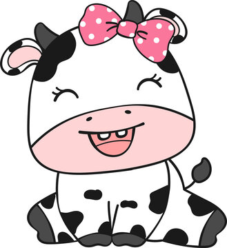 Cute happy smile baby cow sitting cartoon character doodle hand drawing 