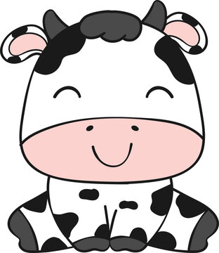Cute happy smile baby cow sitting cartoon character doodle hand drawing 