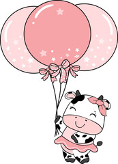 Cute happy smile baby cow celebrating birthday party children cartoon character doodle hand drawing 