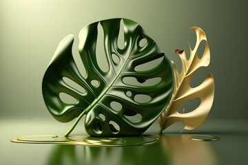3D render of monstera leaf on a green background with golden elements. Generative Ai