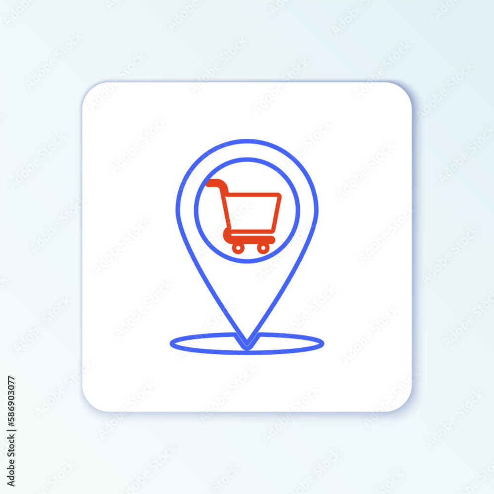 Poster Line Map pointer with shopping cart icon isolated on white background. Pin point shop and shopping. Supermarket basket symbol. Colorful outline concept. Vector