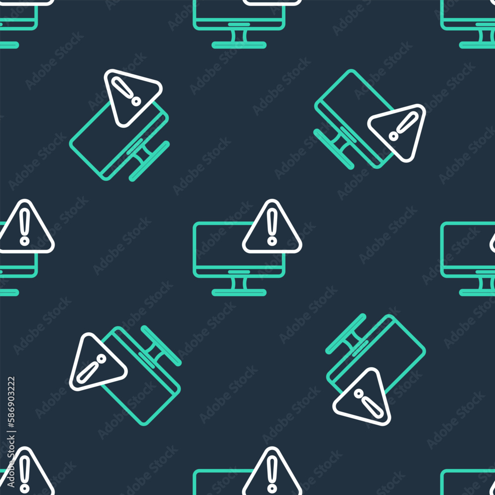 Poster line computer monitor with exclamation mark icon isolated seamless pattern on black background. aler