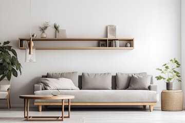 Fototapeta na wymiar Modern gray sofa with wooden shelf next to blank white wall with copy space. Generative AI