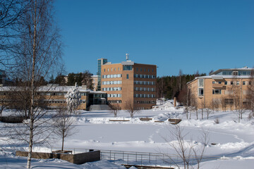 UMEA, SWEDEN - MARCH 29, 2023: Umea university building. Taken on a sunny winter day.