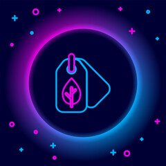Glowing neon line Tag with leaf symbol icon isolated on black background. Banner, label, tag, logo, sticker for eco green. Colorful outline concept. Vector