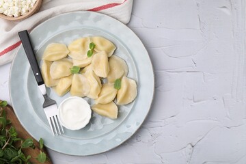 Delicious dumplings (varenyky) with cottage cheese mint and sour cream served on white table, flat lay. Space for text