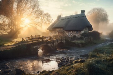 Fantasy House, building sitting in the morning mist by a river and old stone built bridge