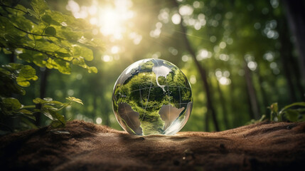 Green energy. World. REnewable energy background with green energy as wind turbines and solar panels. Generative AI.