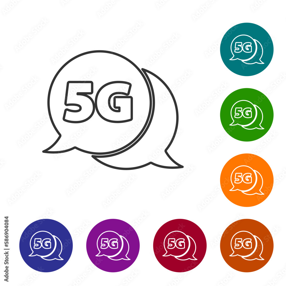 Sticker Black line 5G new wireless internet wifi connection icon isolated on white background. Global network high speed connection data rate technology. Set icons in color circle buttons. Vector