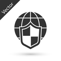 Grey Shield with world globe icon isolated on white background. Insurance concept. Security, safety, protection, privacy concept. Vector.