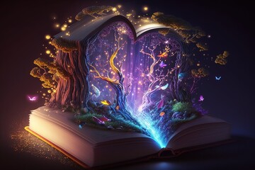 An open magic book with a portal to a fantasy world on a dark background. AI generated