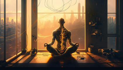yoga pose An android meditating in Lotus pose against.Generative AI.