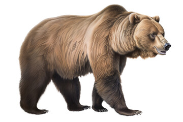 an isolated grizzly bear running and walking, side-view portrait, North American, mountain-themed photorealistic illustration on a transparent background in PNG. Ursus arctos horribilis. Generative AI