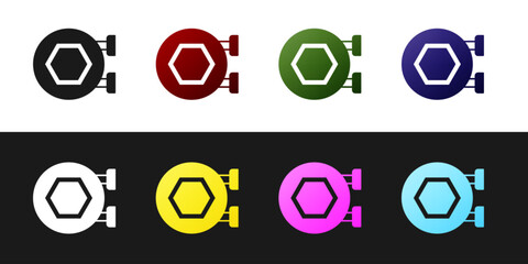 Set Hanging sign with honeycomb isolated on black and white background. Signboard icon. Honey cells symbol. Sweet natural food. Vector