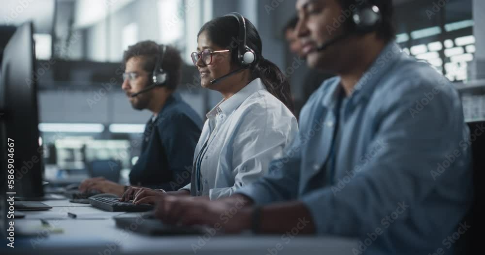 Aufkleber Positive Technical Support Managers Talking on Calls, Providing Help Desk Solutions to Customers Experiencing Troubleshooting Issues with a Product. Indian Specialists Successfully Solving Problems