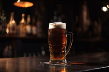 Fototapeta na wymiar A glass of cold refreshing beer on a dark bar scene