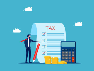 Calculate tax expenses or business costs. Businessman checking tax documents with a pencil vector