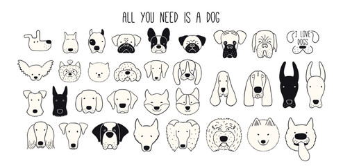 Cute funny dog, puppy faces clipart collection, isolated. Hand drawn monochrome vector illustration. Line drawing. Domestic animals set. Design concept pet food, branding, business, vet, print, poster
