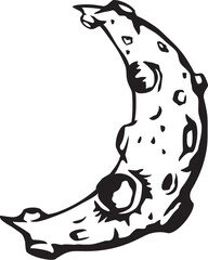 Crescent Moon with Lunar Craters. Black and White. Vector illustration.