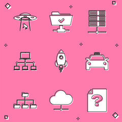 Set UFO abducts cow, FTP operation successful, Server, Data, Web Hosting, Computer network, Rocket ship with fire and Taxi car icon. Vector