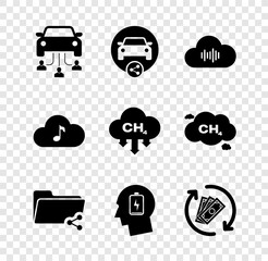 Set Car sharing, , Music streaming service, Share folder, Head with low battery and Refund money icon. Vector