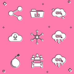 Set Share, Folder download, Methane emissions reduction, Music streaming service, Network and icon. Vector