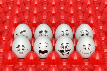 Farm white egg with expressions and funny face in plastic tray or cardboard