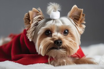 Christmas. On a white background, a Yorkshire terrier dog wearing a Santa Claus costume sits on a plush rug. Holiday ideas, presents, congrats, advertisements, postcards, posters, banners, and content
