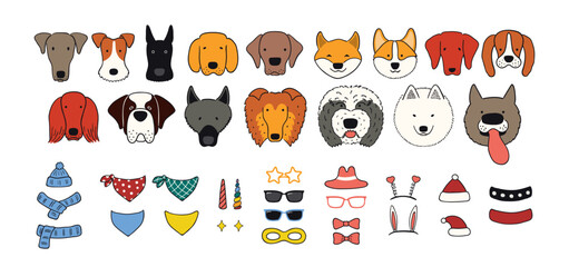 Cute funny dog faces, accessories clipart collection, isolated. Hand drawn vector illustrations set. Line art. Portrait creator, DIY. Design concept pet food, branding, business, vet, print, poster