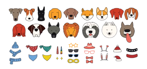 Wall murals Illustrations Cute funny dog faces, accessories clipart collection, isolated. Hand drawn vector illustrations set. Line art. Portrait creator, DIY. Design concept pet food, branding, business, vet, print, poster