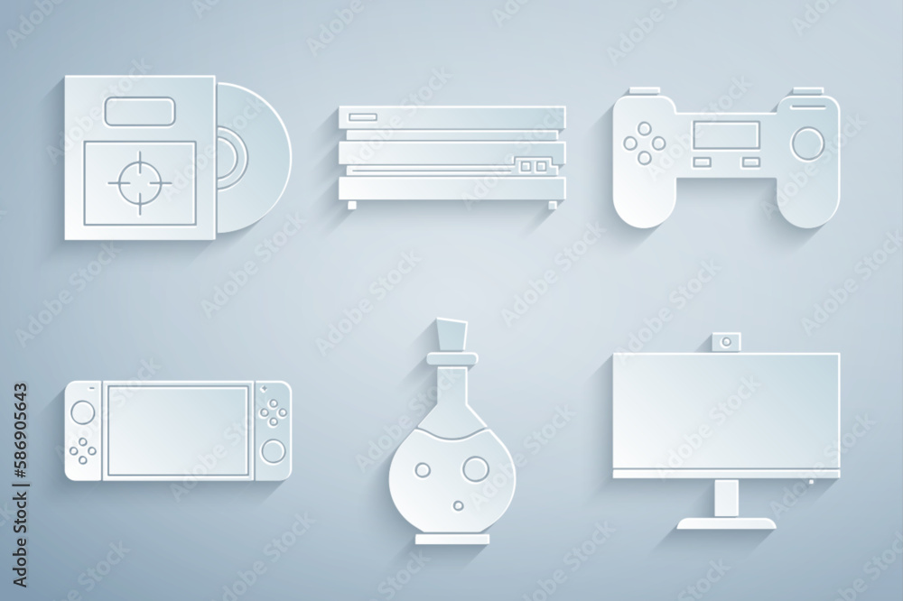 Poster set bottle with magic elixir, gamepad, portable video game console, computer monitor, video and cd d