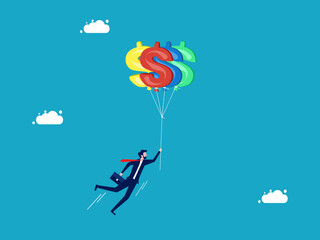 success and financial freedom. Businessman flying with money balloons. business concept vector illustration