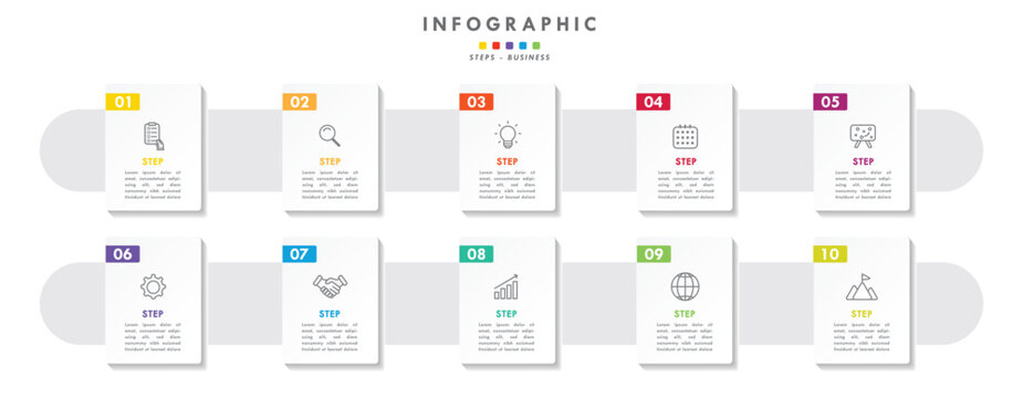 Steps and project management month in a year business panoramical horizontal infographic. Modern Cclorful flat infographics design template. Simple vector illustration for business presentation.