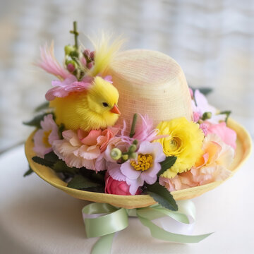 Easter Bonnet Extravaganza: A Beautifully Adorned Hat Perfect for Your Springtime Ensemble - Timeless Easter Classic Headwear or Headpiece - Generative AI