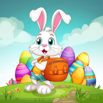 Easter Bunny With Backpack Hunting for Easter Eggs: Join the Fun as an Irresistibly Cute Rabbit Hops through a Vibrant Egg-Scattered Landscape - Generative AI