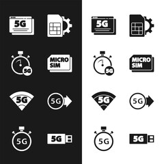 Set Micro Sim Card, Digital speed meter 5G, network, card setting, modem and icon. Vector