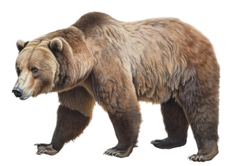 Fototapeta premium an isolated grizzly bear running and walking, side-view portrait, North American, mountain-themed photorealistic illustration on a transparent background in PNG. Ursus arctos horribilis. Generative AI